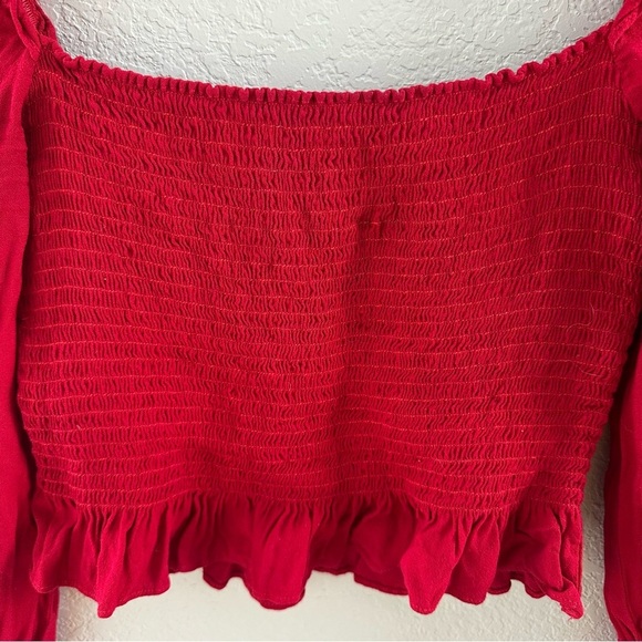 REFORMATION Francis Red Smocked Long Sleeve Square Neck Top - Picture 4 of 11